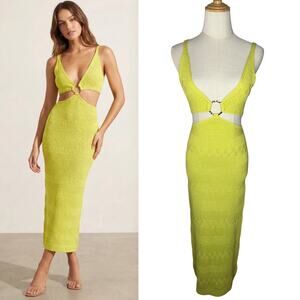 NWOT Zara Lime Green Textured Knit Vacation Cutout V Neckline Dress Size Small